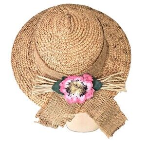 70s 80s Vintage Straw Sun Hat With Pink Flower And Burlap Ribbon